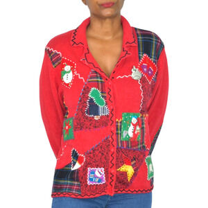 Designer Originals Ugly Christmas Cardigan Sweater Patchwork Plaid Snowman Large